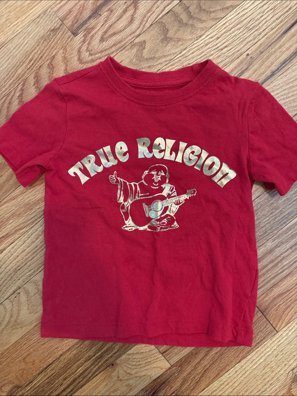 True Religion Red Tee with Gold Graphic Logo